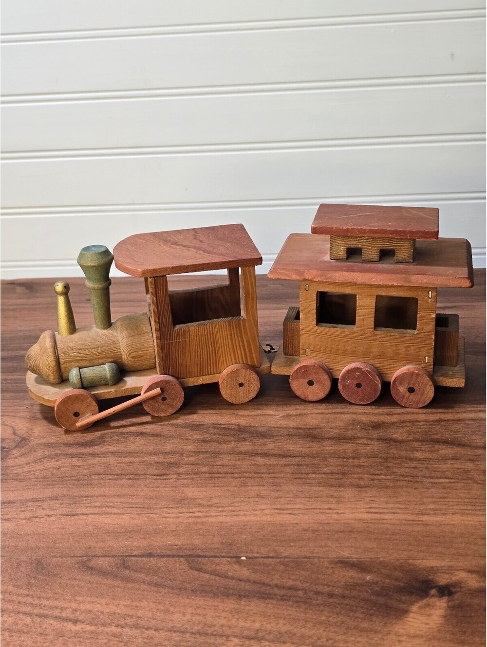 Vintage Handmade Wooden Train Locomotive & Caboose Rustic Folk Art Decor